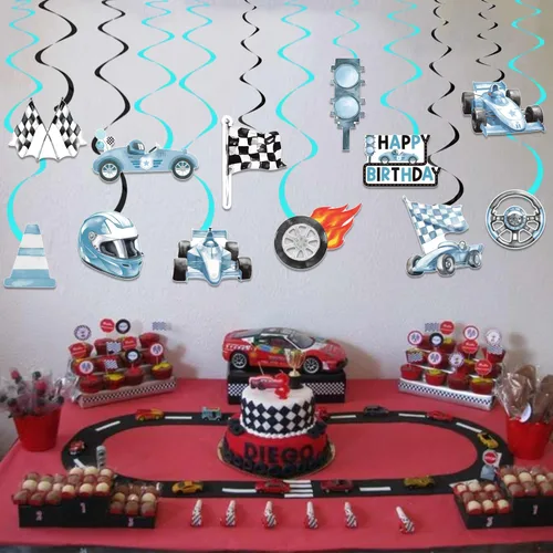Vista 7 de Remolinos colgantes de cumpleaños de coche de carreras, 20 unidades, decoración de fiesta de autos de carreras, banderas a cuadros, serpentinas