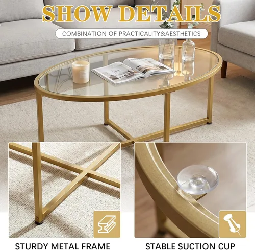 Vista 6 de Wolawu Mesa de centro ovalada dorada de vidrio para sala de estar, mesas de té modernas con marco de metal dorado para espacios pequeños, mesa