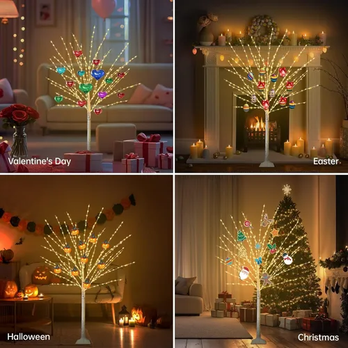Vista 7 de Árbol de abedul iluminado de 4 pies con 400 luces LED de color blanco cálido, 8 modos, temporizador remoto de árbol de Navidad, árbol de Navidad