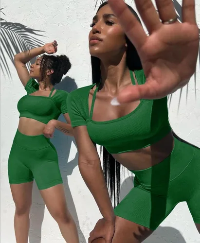 Vista 6 de OLCHEE Conjunto de entrenamiento sexy para mujer 2 piezas pantalones cortos de cintura alta sin costuras leggings y sujetador deportivo ropa de yoga