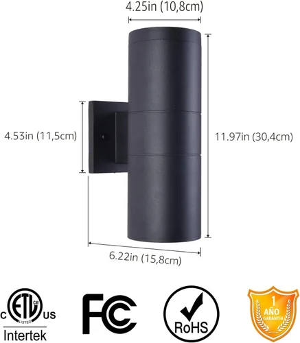 Vista 2 de mirrea Lámpara moderna para porche al aire libre en 2 luces con cilindro de aluminio y cubierta de vidrio templado, aplique de pared impermeable