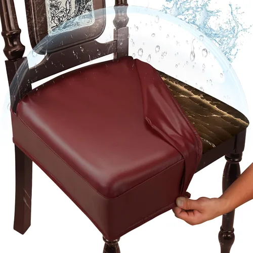 Vista 13 de Juego de 4 fundas de asiento impermeables para sillas de comedor, fundas de asiento de cocina de cuero, resistentes a las manchas, fundas elásticas