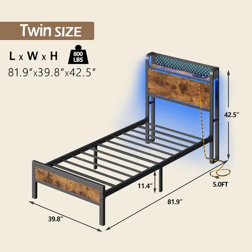 Vista 2 de Furnulem Base de cama tamaño individual con luces LED y estación de carga, base de cama con cabecera de almacenamiento de madera, cama de plataforma
