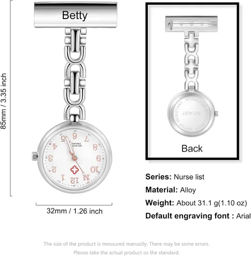 Vista 2 de Relojes de enfermera para enfermeras, médicos, relojes de enfermería personalizados, con nombre grabado, pin de solapa en el reloj de enfermería