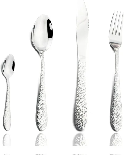 Vista 11 de JASHII Juego de cubiertos de acero inoxidable martillado de 16 piezas servicio de utensilios de alimentación para 4, vajilla moderna juego de Negro