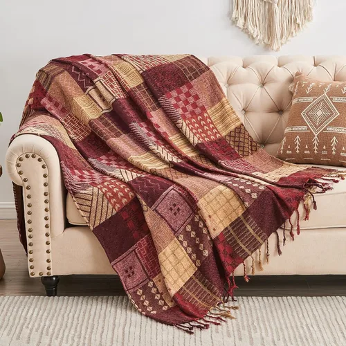 Vista 17 de Manta Boho, Manta de Chenilla Jacquard con Borlas para Cama Sofá Silla Suave, Borlas con Flecos Bohemias (Negro, S:60x75)