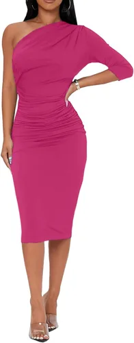 Vista 4 de Vestido midi ajustado de un hombro para mujer, manga 34, cóctel, fiesta, fruncido