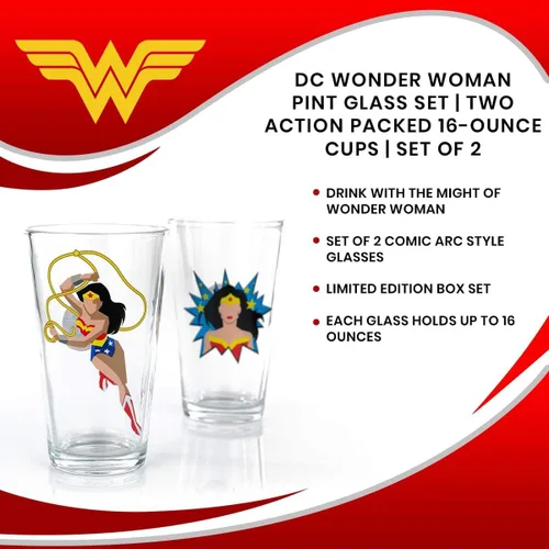Vista 7 de Underground Toys Dc Wonder Woman - Juego de vasos de pinta Dos vasos de estilo cómic llenos de acción Juego de 2 vasos de edición limitada de 16