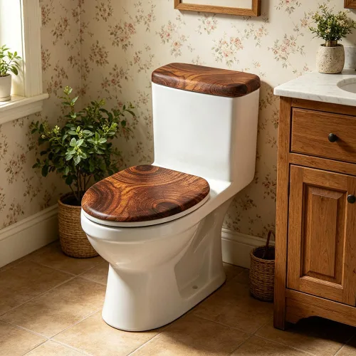 Vista 6 de Juego de 2 fundas de tapa de inodoro de grano de madera y cubierta de tanque, juego de fundas elásticas rústicas para asiento de inodoro