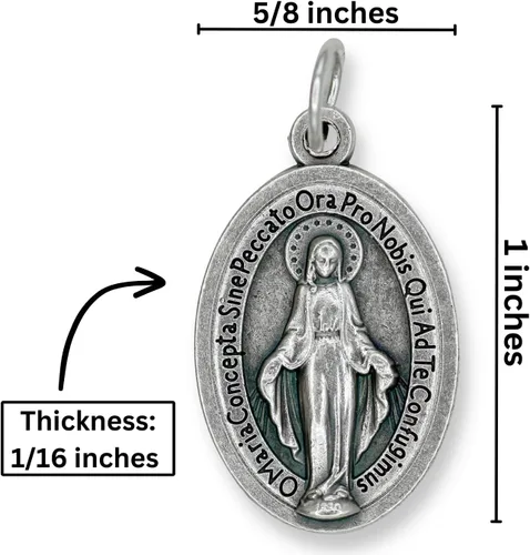 Vista 5 de Paquete de 25 medallas milagrosas latinas a granel, medalla de plata oxidada de 1 pulgada, colgante católico para collar o rosario, fabricado