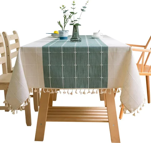 Vista 14 de Mantel rústico bordado con borla, lino de algodón sin arrugas, antidecoloración, lavable, a prueba de polvo, para comedor, cocina, fiesta, Azul