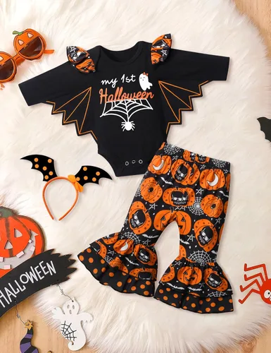 Vista 4 de MIGU My First Halloween Baby Girl Outfit Halloween Costumes Bat Ruffle Romper Tops + Pants 3pcs Halloween Infant Baby Clothes