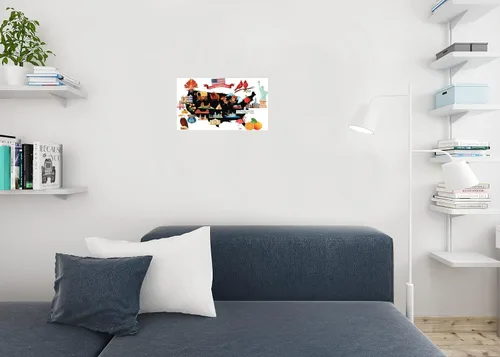 Vista 4 de Dibujos animados mapa de los Estados Unidos Estados Unidos con símbolos – Póster