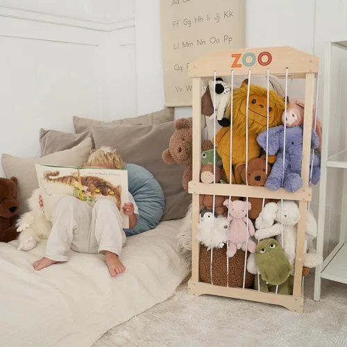 Vista 8 de Almacenamiento de animales de peluche de madera para niños – Gran organizador y soporte de almacenamiento de juguetes para la sala