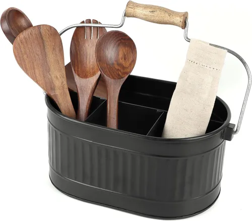 Vista 6 de CLEENTABLE Organizador rústico galvanizado para utensilios – Soporte de cubiertos de granja para cocina, comedor, picnic, fiestas, organizador
