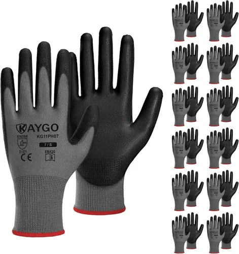 Vista 26 de KAYGO KG11PB - Guantes de trabajo de seguridad con revestimiento de poliuretano, 12 pares de guantes de punto sin costuras para hombres y mujeres