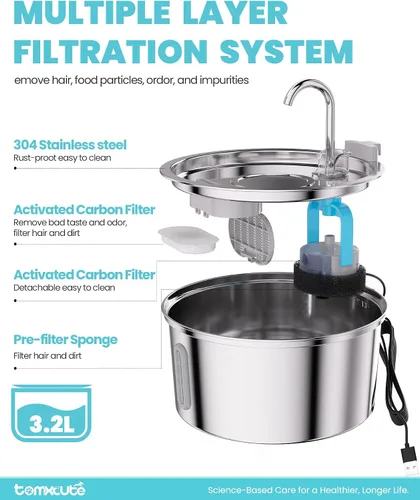 Vista 4 de Fuente de agua para gatos de acero inoxidable, fuente de agua de gran capacidad para beber, fuente de agua de metal ultra silenciosa para gatos
