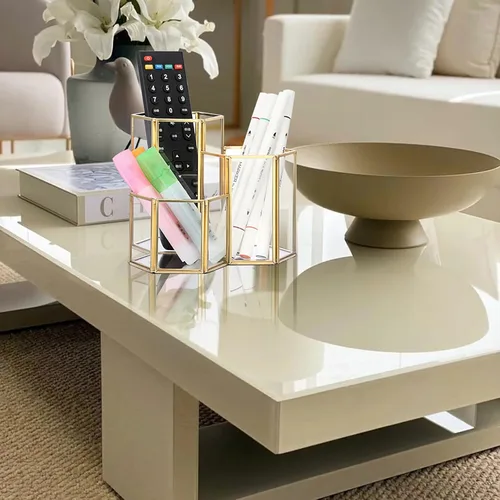 Vista 6 de Hipiwe Porta brochas de maquillaje de vidrio, 3 ranuras espejadas, organizador de brochas de cosméticos doradas, vitrina, caja de almacenamiento