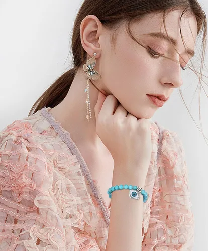 Vista 2 de CASDAN 10 pulseras de cuentas redondas de piedra turquesa de 0.315in para mujeres y hombres, pulseras de cuentas elásticas de cristal curativo