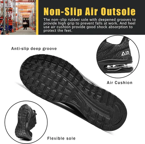 Vista 5 de HiHatide - Zapatos con punta de acero para hombre, zapatos de trabajo, zapatos de seguridad, con amortiguación de aire, ligeros, antideslizantes