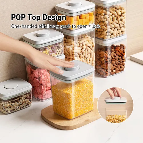 Vista 2 de Contenedores herméticos de almacenamiento de alimentos, 3 recipientes de comida pop con tapas de 1.3 cuartos de galón, apilables con apertura de un