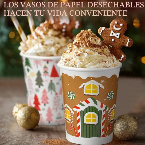 Vista 5 de Gerrii 150 Piezas Vasos de Papel Desechables de Navidad de 9 oz Vasos de Papel de Chocolate Caliente Cacao Vasos para Bebidas de Invierno 5 Diseños
