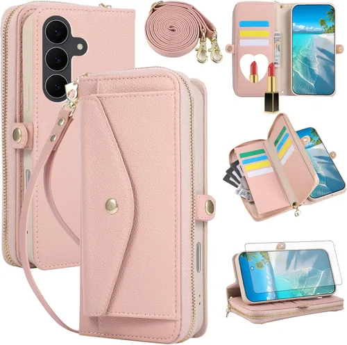Vista 90 de Asuwish Funda de teléfono para Samsung Galaxy S23 5G con cremallera, funda para celular con protector de pantalla, correa para el hombro, espejo