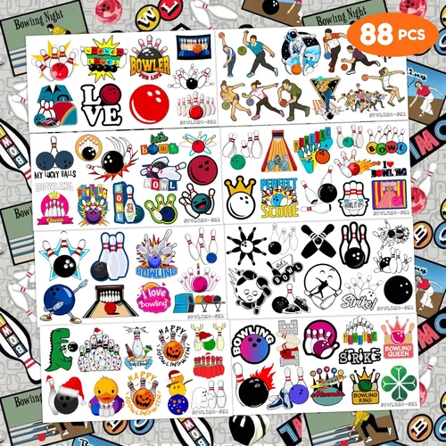 Vista 3 de 88 tatuajes temporales de boliche para niños, divertidas calcomanías de bola de boliche, recuerdos de fiesta de cumpleaños temática deportiva