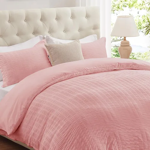 Vista 14 de Cozyide Beige Queen Duvet Cover Set, 3 Pieces Soft Seersucker Queen Size Duvet Cover with Zipper Closure and Corner Ties, 90"x90" Duvet Cover with 2