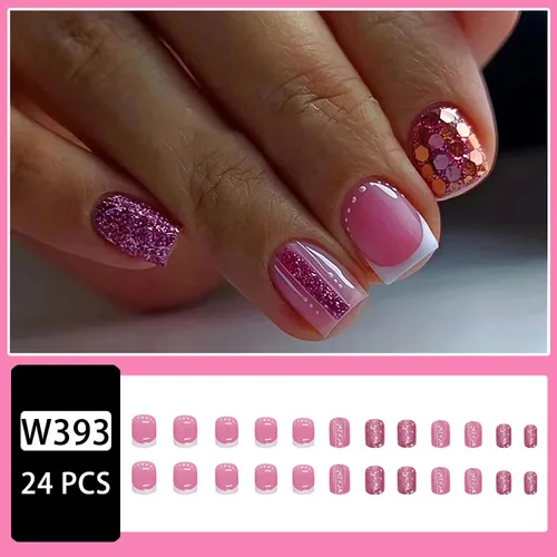 Vista 3 de Uñas postizas cortas cuadradas, acrílicas artificiales de color rosa rosa con diseño de lentejuelas coloridas, cobertura completa, reutilizables