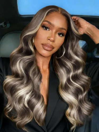 Vista 12 de Nadula Peluca Precortada 13x4 HD Ondas Sueltas Castaño Ombré Marrón con Cordón Cabello Humano con Flequillo Face Framing, Peluca Frontal de Encaje