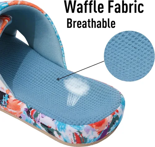 Vista 4 de shevalues Pantuflas de verano para mujer, con soporte de arco, transpirables, de algodón gofre, para interiores, con puntera abierta, zapatos