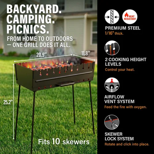 Vista 2 de Parrilla de carbón para 10 pinchos - Barbacoa portátil Mangal - Parrilla metálica plegable para Shashlik, Kebab, Picnic, Cocina al aire libre