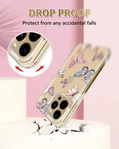 Vista 5 de Funda transparente compatible con iPhone 14 Pro chapado en oro, diseño de mariposa, a prueba de golpes, delgada, de poliuretano termoplástico