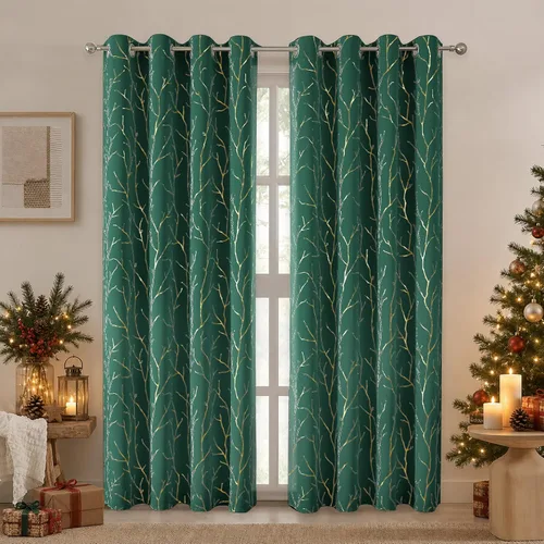 Vista 12 de BUHUA Cortinas pequeñas para ventana de 36 pulgadas de largo, 2 paneles, cortinas opacas con elegantes ramas de árbol plateadas, cortinas de bloqueo