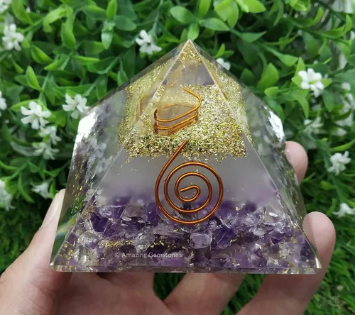 Vista 8 de Amazing Gemstone Pirámide de orgón grande Cristal de pirámide de amatista que brilla en la oscuridad Pirámide de orgonita Pirámides de órgano
