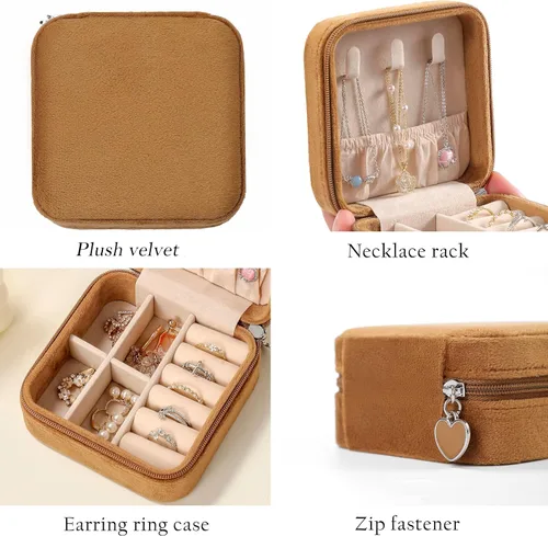 Vista 4 de GUKA Joyero de viaje de terciopelo de felpa, estuche de viaje para joyas, pequeñas cajas organizadoras portátiles para anillos, aretes, collares
