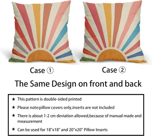 Vista 5 de Kawani Fundas de almohada de estilo bohemio con sol y atardecer 16x16, juego de 2 fundas de almohada decorativas de lino con arcoíris colorido