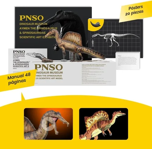 Vista 3 de Serie de museos de dinosaurios PNSO (AYMEN El Spinosaurus, modelo de arte científico de escala 1:35) 12.8" Spinosaurus Exhibit Set - Skull Fossil