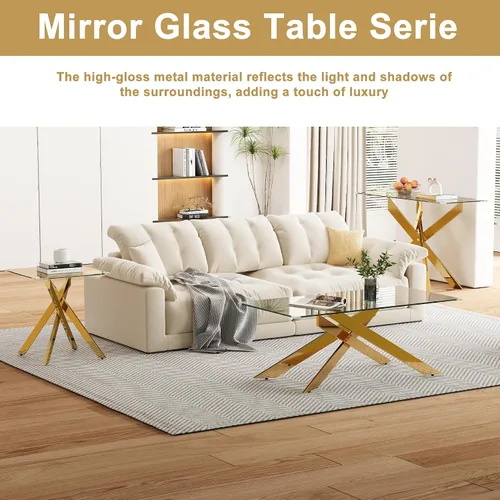 Vista 7 de Mesa de centro rectangular moderna de cristal, mesa central de vidrio templado y patas de metal chapado en oro para sala de estar, oficina en casa