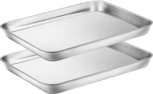 Vista 12 de HKJ Chef - Juego de 2 bandejas para hornear, 2 bandejas de acero inoxidable para hornear y bandejas para horno tostador, tamaño rectangular de 9