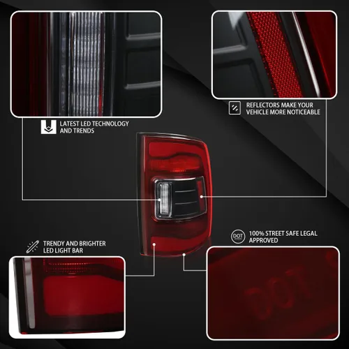 Vista 3 de Autozensation Compatible con Dodge Ram 1500 2500 3500 2009-2018, carcasa negra, luces traseras de lente roja con freno LED, señal de giro y barra