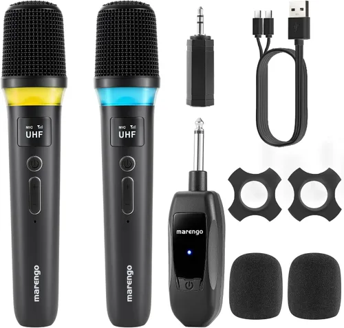 Vista 10 de Micrófonos inalámbricos, micrófono profesional UHF de metal dual para karaoke inalámbrico con receptor recargable (260 pies), conectar y usar