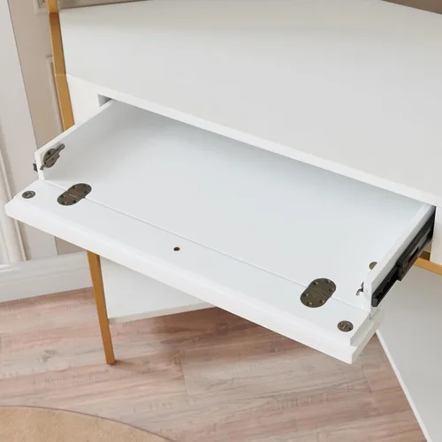 Vista 14 de Leick Home 9230-WTGL Claudette - Escritorio de oficina con esquina de metal y madera mixta con cajón frontal para teclado, blanco/dorado satinado