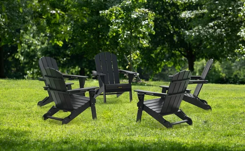 Vista 6 de Juego de 2 sillas Adirondack plegables de plástico texturizado de madera con 2 portavasos, sillas Adirondack de polietileno de alta densidad Negro