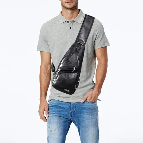 Vista 6 de Seoky Rop Bolso bandolera pequeño de cuero para hombre, bolso bandolera con puerto de carga USB, Negro -, Mochilas Sling