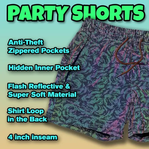 Vista 3 de Pantalones cortos de fiesta para hombre, entrepierna de 4 pulgadas, bolsillos con cremallera, rave y festivales, LGBTQ, Gay Weekender