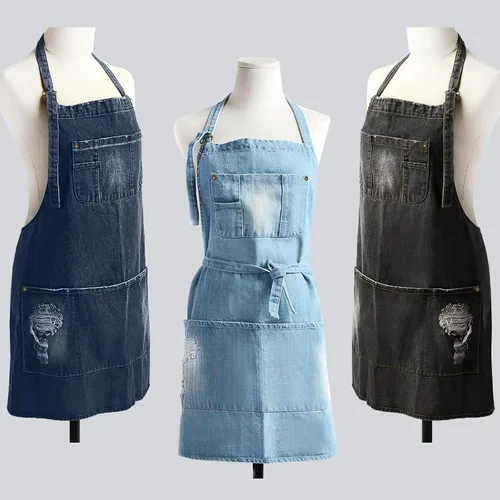 Vista 4 de Denim Apron With 5 Pockets for Kitchens,Hairstylist Aprons for Women Men,Adjustable Bib Jean Apron for Arts Cafe Work