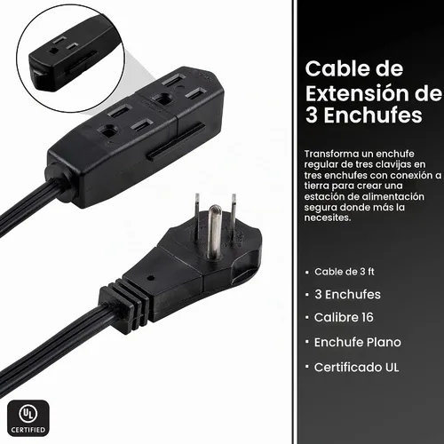 Vista 2 de GE Cable de extensión plano de 3 salidas de 3 pies, cable de extensión a tierra con múltiples tomas, extensor de salida de 3 clavijas, enchufe