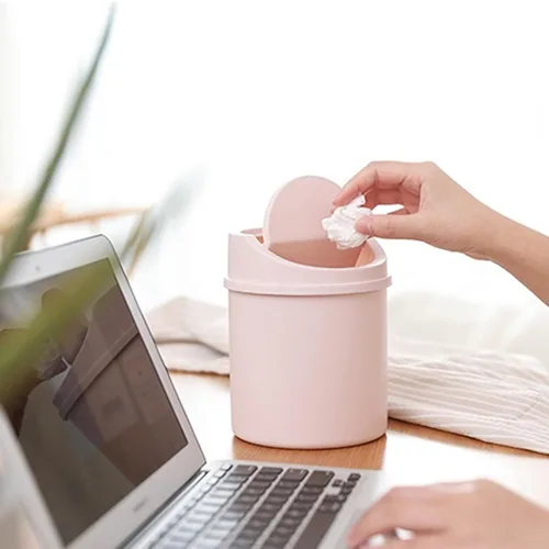 Vista 5 de Basurero de basura – Mini cubo de basura de plástico de escritorio con tapa giratoria, elegante cubo de basura para encimera, cesta de papel